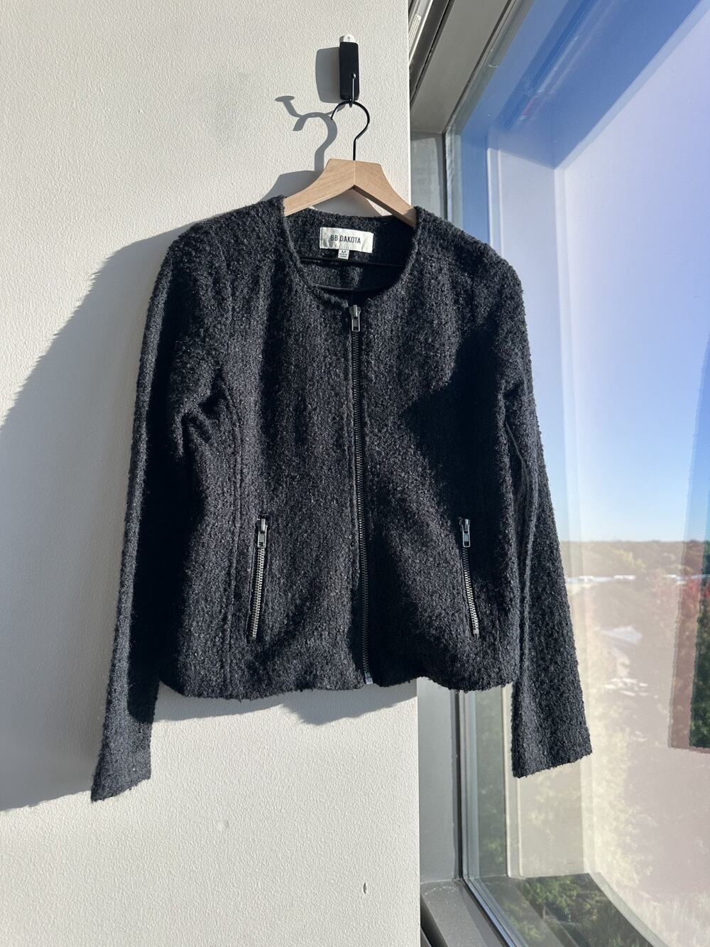 BB Dakota Textured Black Round Neck Full Zip Collarless Cardigan Blazer Sz M